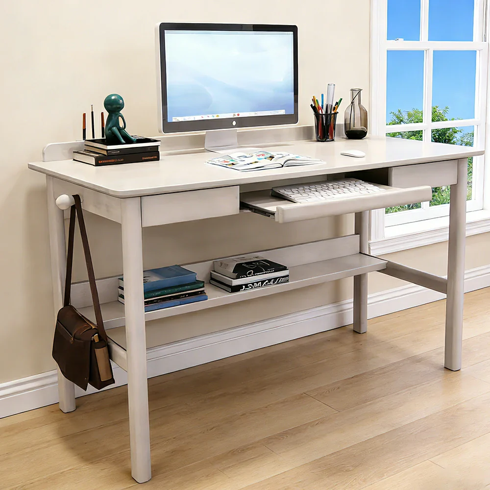 LIVARA Solid Wood Study Desk - 90/100/120cm Computer Table with Keyboard Tray, Durable Hardwood Construction for Home & Office - White - Image 4