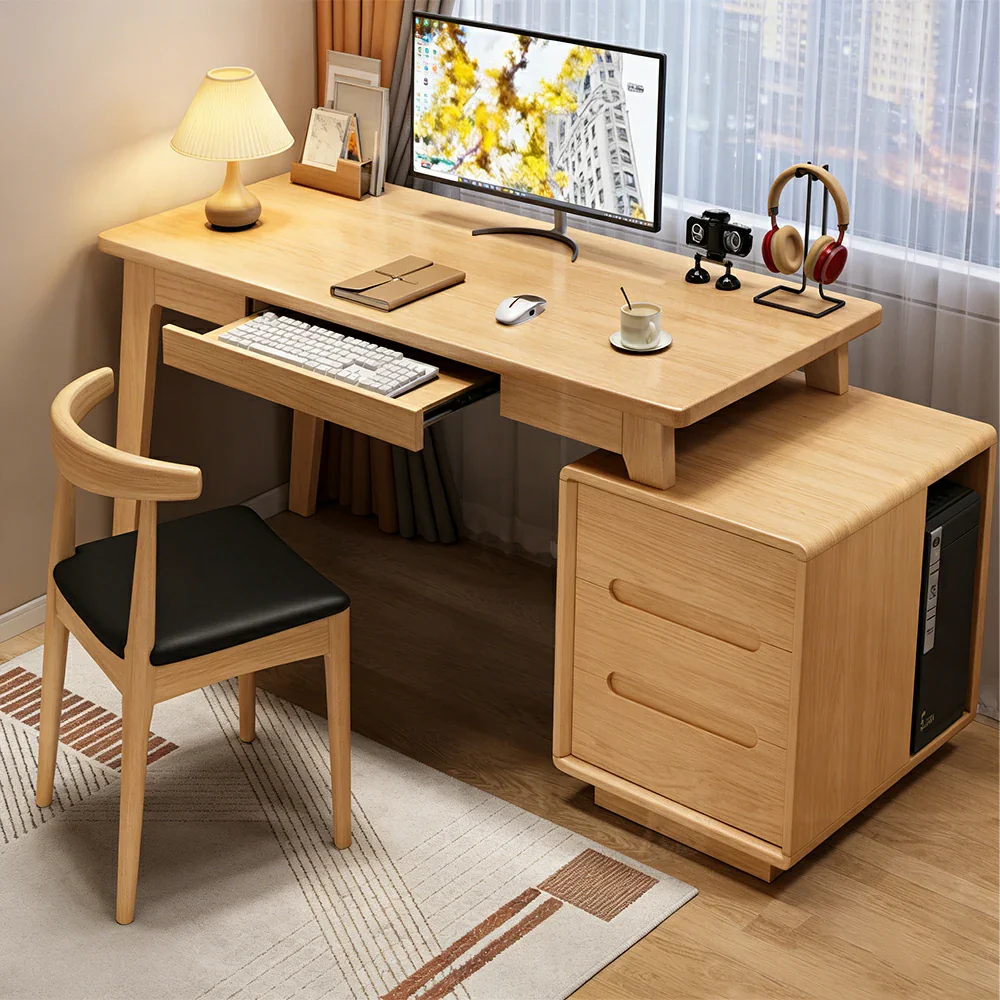 LIVARA Solid Wood Study Desk - 100/120/140cm Computer Table with Extendable Storage Cabinet & Hidden Keyboard Tray for Home Office - Natural Wood - Image 2