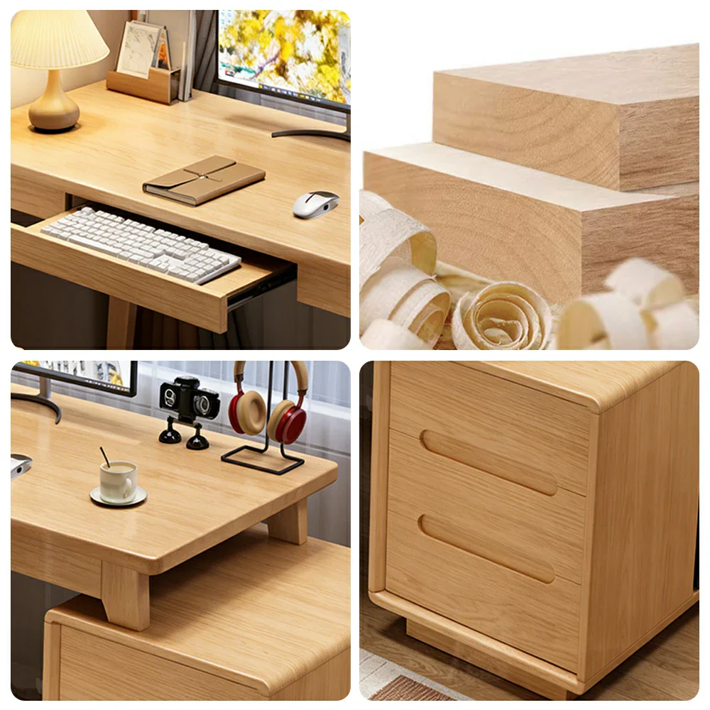 LIVARA Solid Wood Study Desk - 100/120/140cm Computer Table with Extendable Storage Cabinet & Hidden Keyboard Tray for Home Office - Natural Wood - Image 3