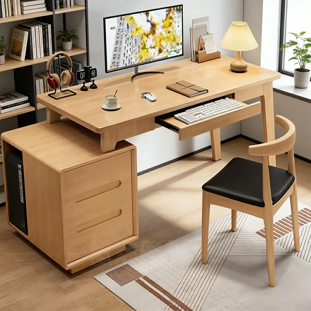 LIVARA Solid Wood Study Desk - 100/120/140cm Computer Table with Extendable Storage Cabinet & Hidden Keyboard Tray for Home Office - Natural Wood - Image 4
