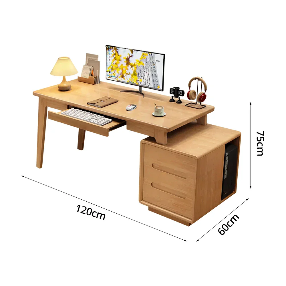 LIVARA Solid Wood Study Desk - 100/120/140cm Computer Table with Extendable Storage Cabinet & Hidden Keyboard Tray for Home Office - Natural Wood - Image 6
