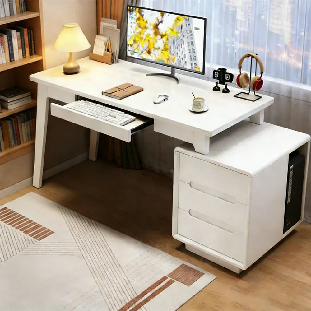 LIVARA Solid Wood Study Desk - 100/120/140cm Computer Table with Extendable Storage Cabinet & Hidden Keyboard Tray for Home Office - White - Image 4