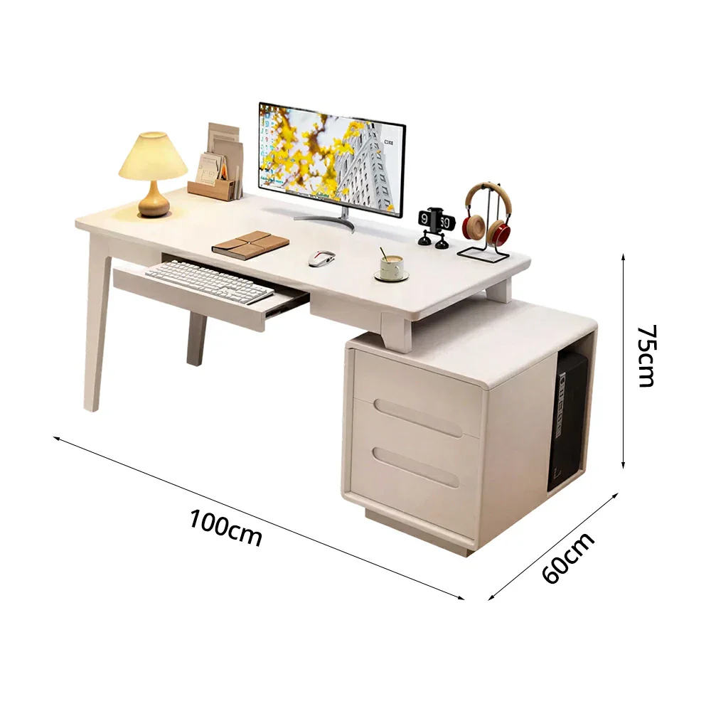 LIVARA Solid Wood Study Desk - 100/120/140cm Computer Table with Extendable Storage Cabinet & Hidden Keyboard Tray for Home Office - White - Image 5