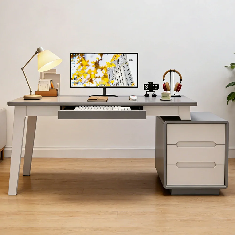 LIVARA Solid Wood Study Desk - 100/120/140cm Computer Table with Extendable Storage Cabinet & Hidden Keyboard Tray for Home Office - Grey - Image 4