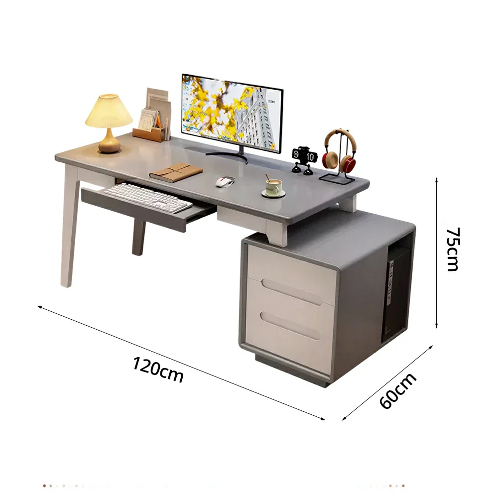 LIVARA Solid Wood Study Desk - 100/120/140cm Computer Table with Extendable Storage Cabinet & Hidden Keyboard Tray for Home Office - Grey - Image 6