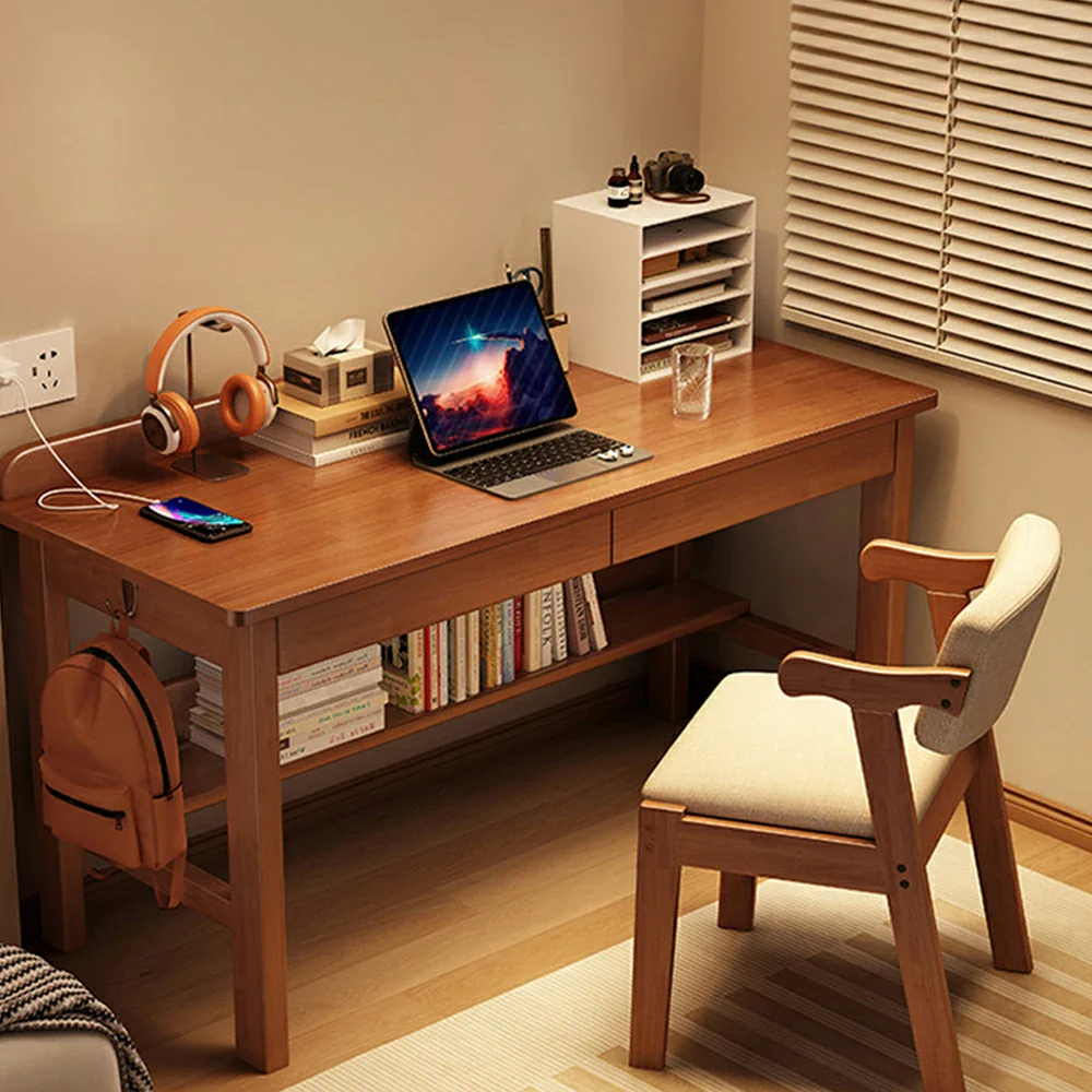 LIVARA Solid Wood Study Desk - 100/120/140cm Computer Table with Storage Drawer & Open Shelf, Sturdy Hardwood Design for Home Office - Walnut - Image 2
