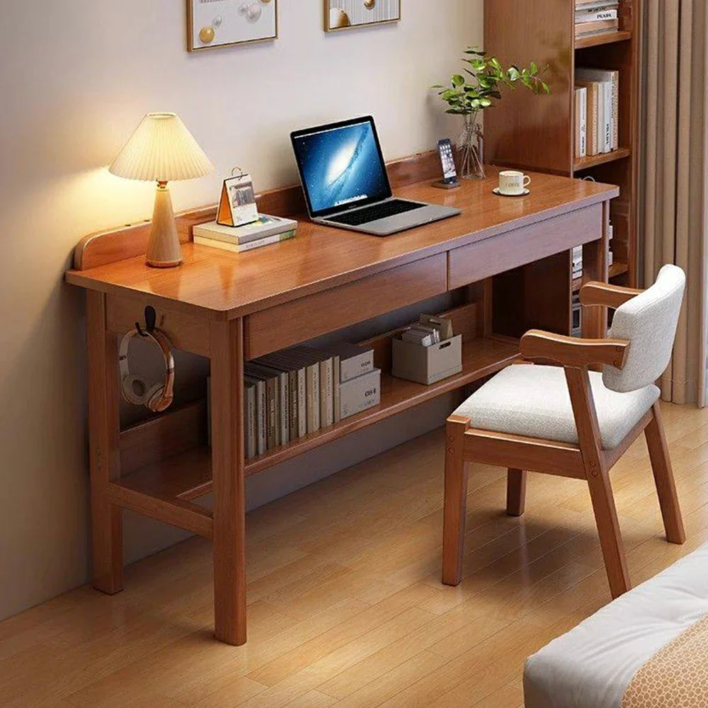 LIVARA Solid Wood Study Desk - 100/120/140cm Computer Table with Storage Drawer & Open Shelf, Sturdy Hardwood Design for Home Office - Walnut - Image 4