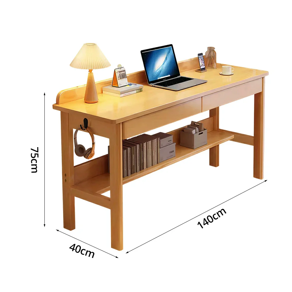 LIVARA Solid Wood Study Desk - 100/120/140cm Computer Table with Storage Drawer & Open Shelf, Sturdy Hardwood Design for Home Office - Wood - Image 7