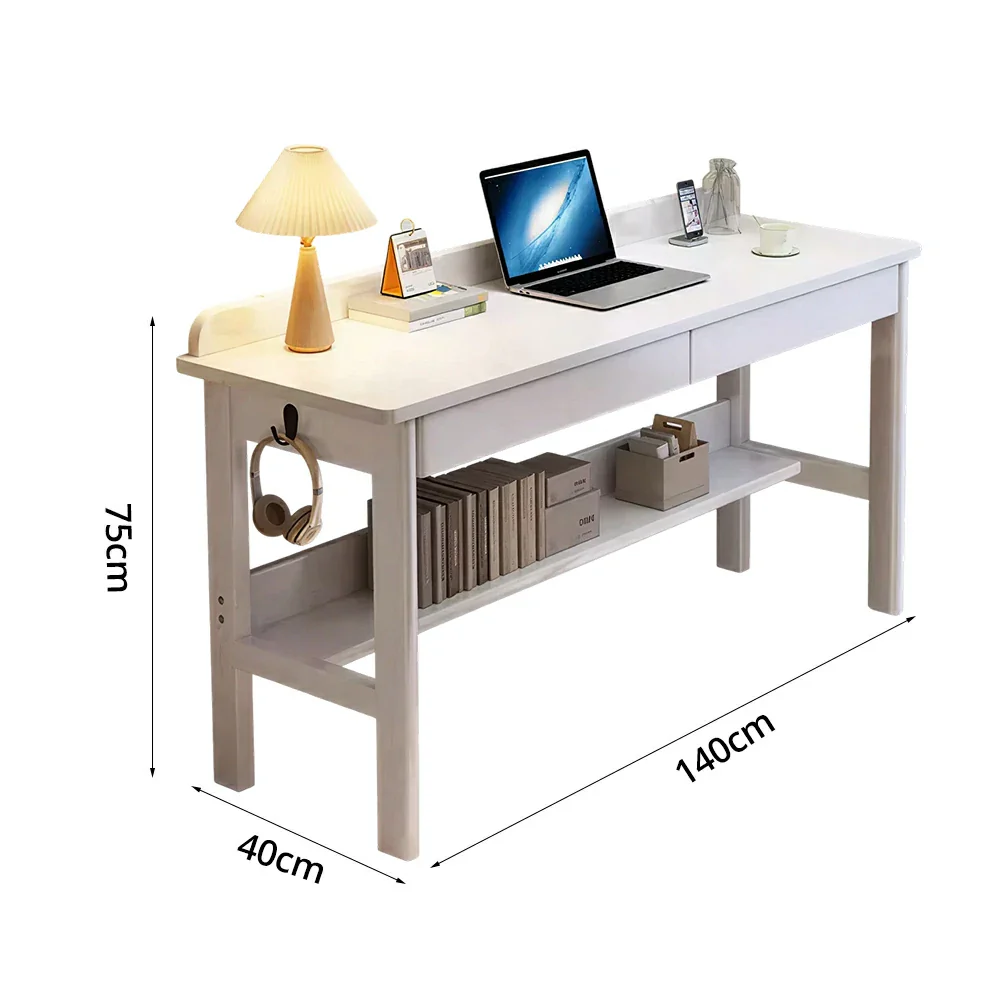 LIVARA Solid Wood Study Desk - 100/120/140cm Computer Table with Storage Drawer & Open Shelf, Sturdy Hardwood Design for Home Office - White - Image 7