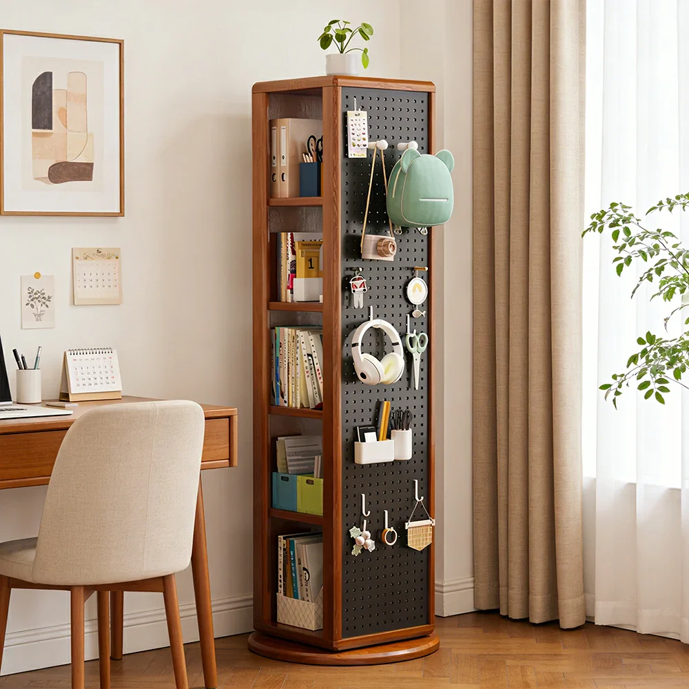 LIVARA Rotating Solid Wood Dressing Mirror & Bookshelf - Three Sixty Swivel Full-Length Mirror with Storage Shelves & Pegboard for Kids Room - Walnut - Image 2