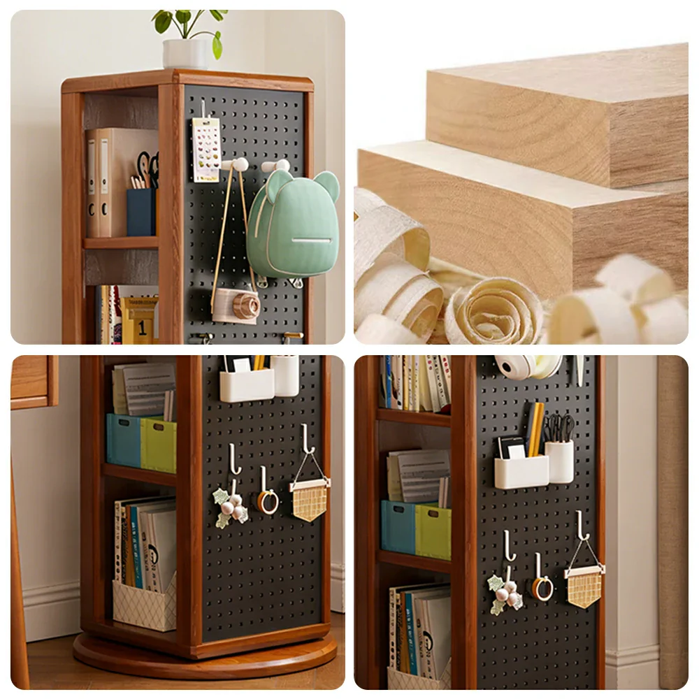 LIVARA Rotating Solid Wood Dressing Mirror & Bookshelf - Three Sixty Swivel Full-Length Mirror with Storage Shelves & Pegboard for Kids Room - Walnut - Image 3