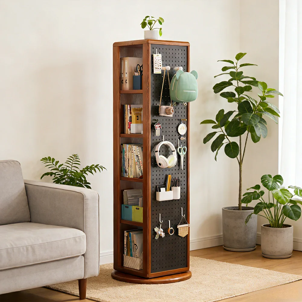 LIVARA Rotating Solid Wood Dressing Mirror & Bookshelf - Three Sixty Swivel Full-Length Mirror with Storage Shelves & Pegboard for Kids Room - Walnut - Image 4