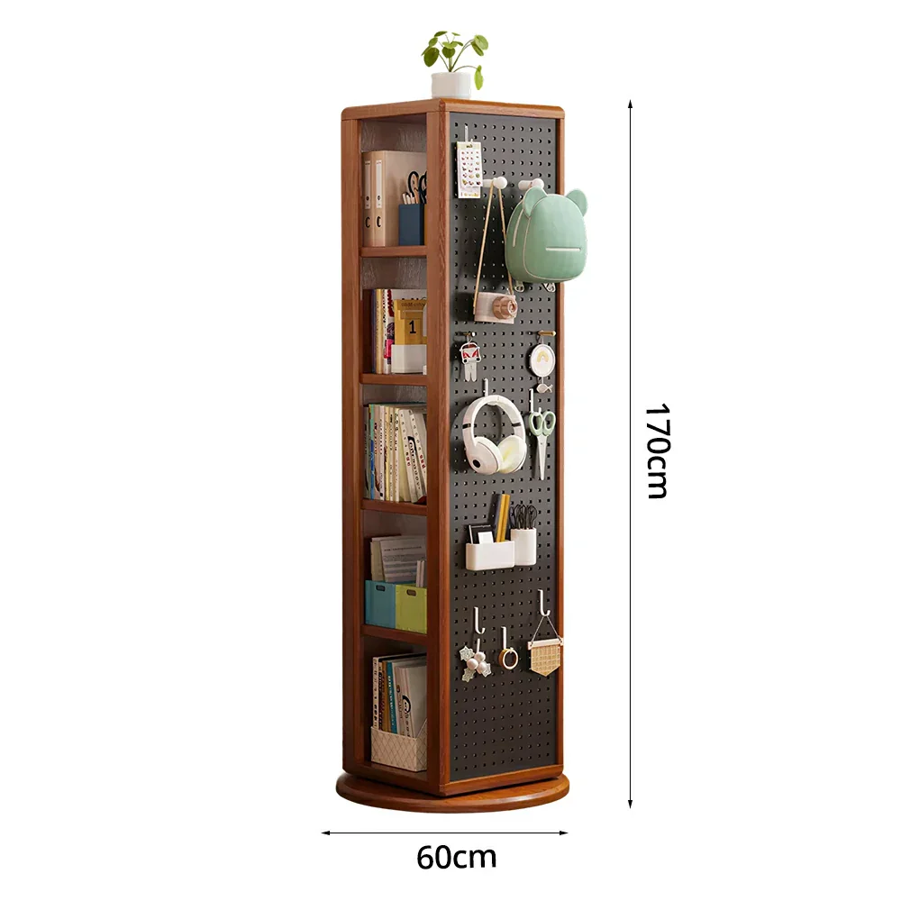 LIVARA Rotating Solid Wood Dressing Mirror & Bookshelf - Three Sixty Swivel Full-Length Mirror with Storage Shelves & Pegboard for Kids Room - Walnut - Image 5