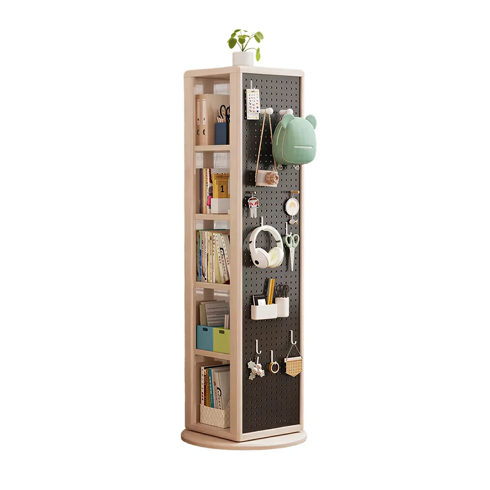 LIVARA Rotating Solid Wood Dressing Mirror & Bookshelf - Three Sixty Swivel Full-Length Mirror with Storage Shelves & Pegboard for Kids Room - White