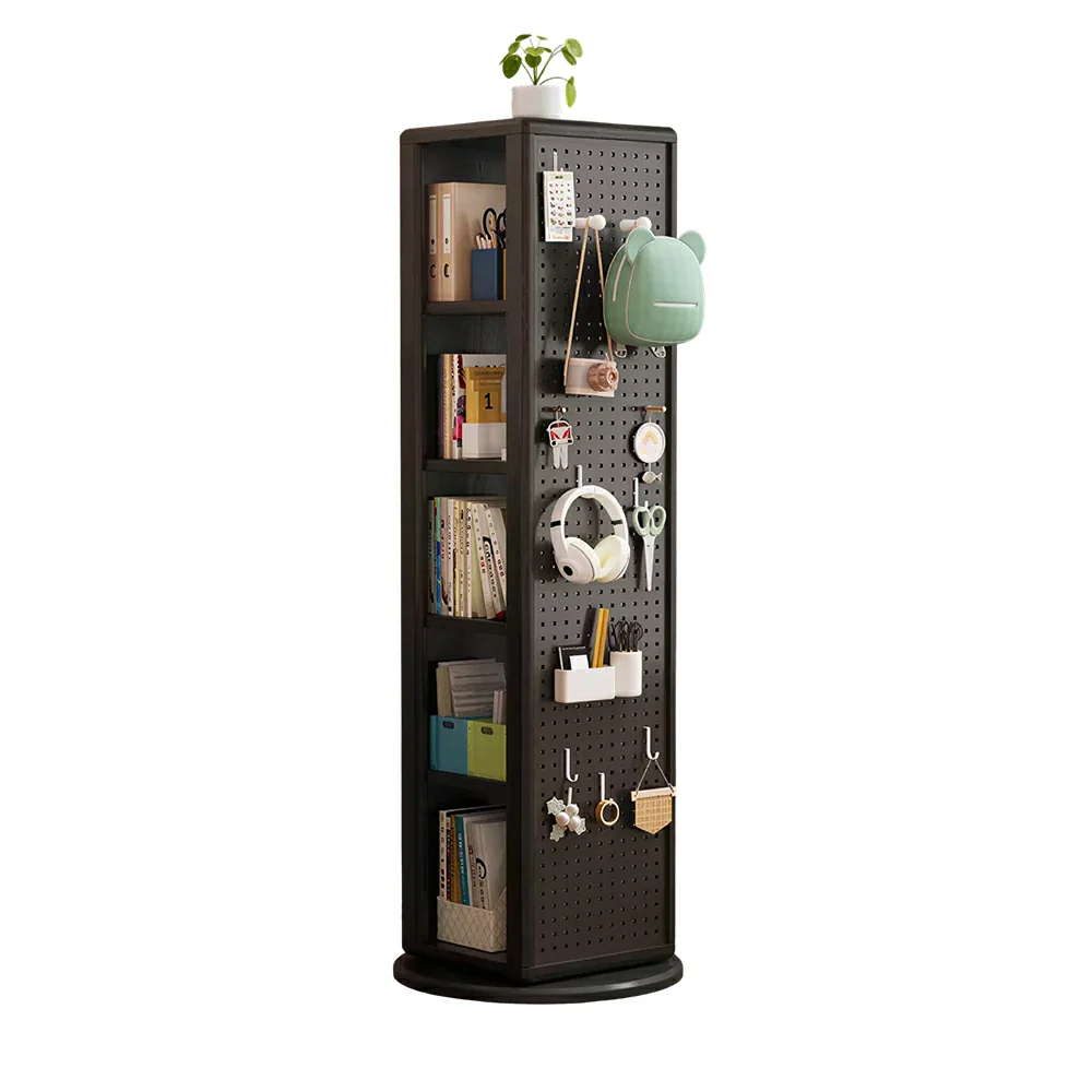 LIVARA Rotating Solid Wood Dressing Mirror & Bookshelf - Three Sixty Swivel Full-Length Mirror with Storage Shelves & Pegboard for Kids Room - Black