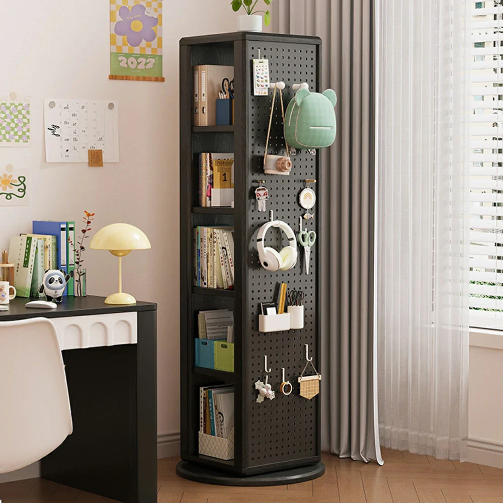 LIVARA Rotating Solid Wood Dressing Mirror & Bookshelf - Three Sixty Swivel Full-Length Mirror with Storage Shelves & Pegboard for Kids Room - Black - Image 2