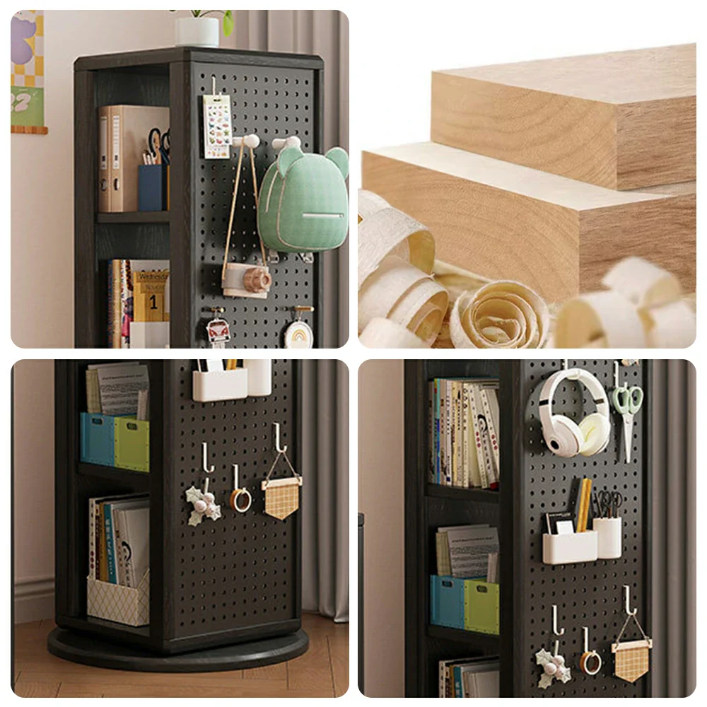 LIVARA Rotating Solid Wood Dressing Mirror & Bookshelf - Three Sixty Swivel Full-Length Mirror with Storage Shelves & Pegboard for Kids Room - Black - Image 3