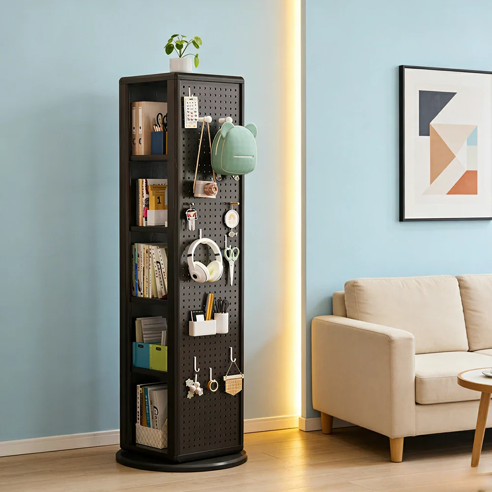 LIVARA Rotating Solid Wood Dressing Mirror & Bookshelf - Three Sixty Swivel Full-Length Mirror with Storage Shelves & Pegboard for Kids Room - Black - Image 4