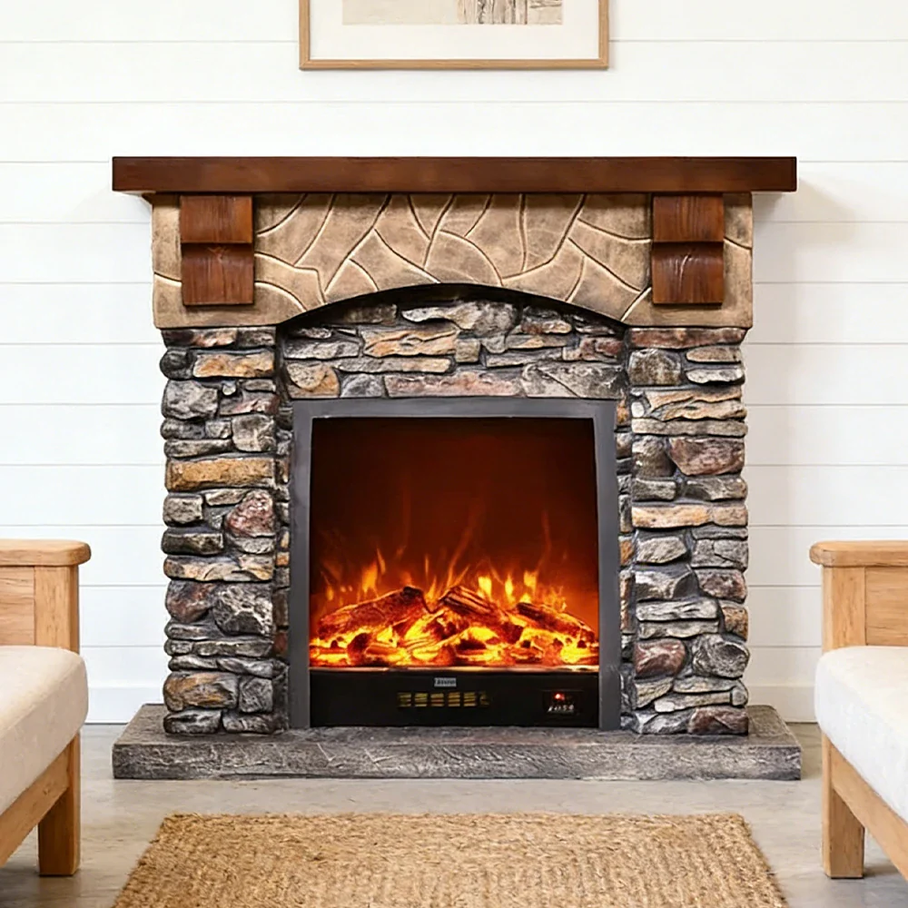LUXORA 120cm Electric Fireplace TV Stand Stone Look Mantel 750W-1500W Heater Solid Wood Frame HDF Panels Living Room Centrepiece - Image 2