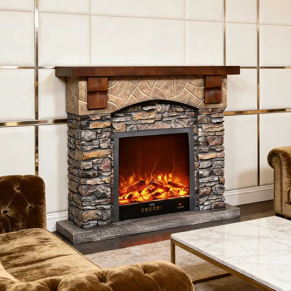 LUXORA 120cm Electric Fireplace TV Stand Stone Look Mantel 750W-1500W Heater Solid Wood Frame HDF Panels Living Room Centrepiece - Image 4