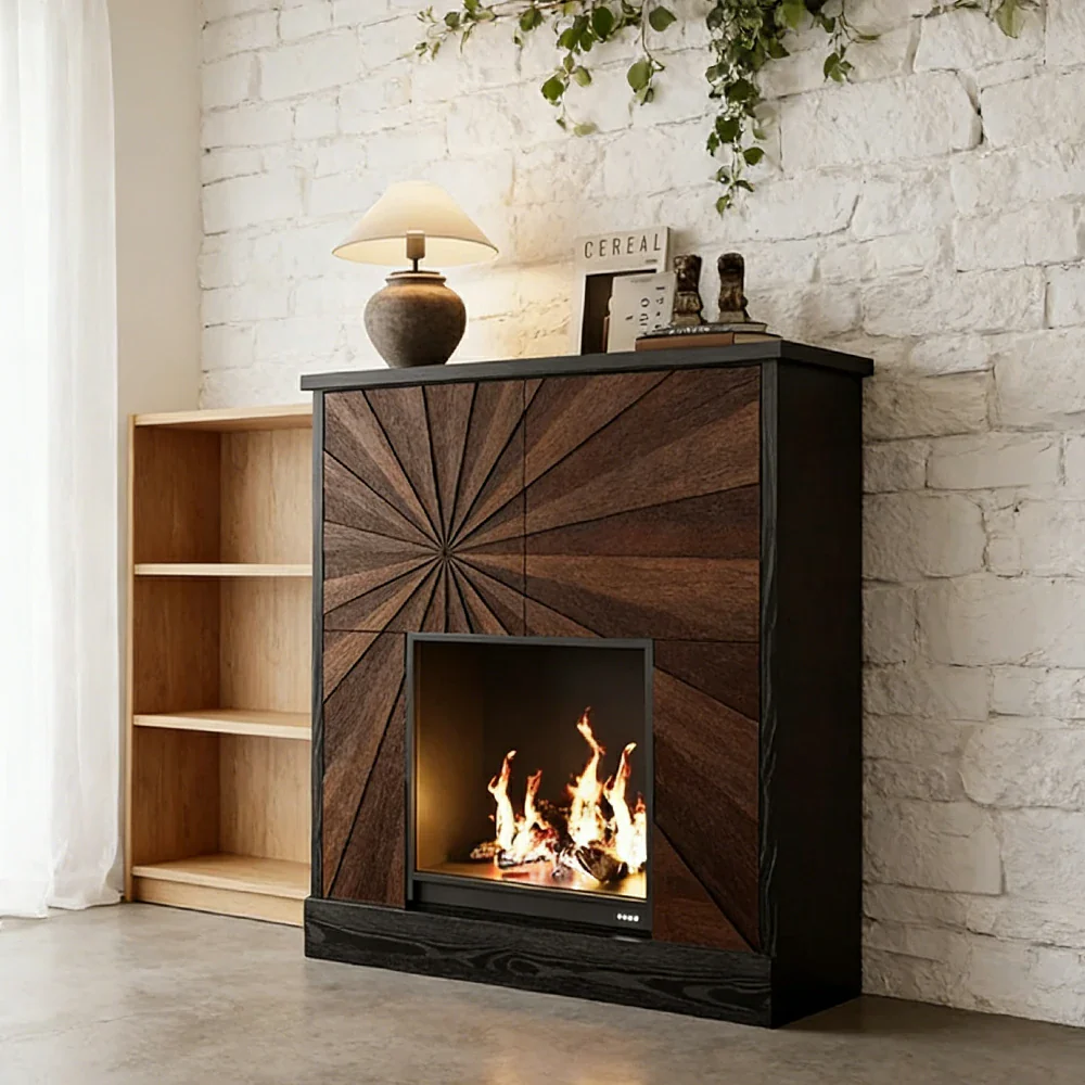 LUXORA Electric Fireplace Storage Cabinet 3D Flame Heater Tempered Glass Wood Grain Console with Storage - Image 2