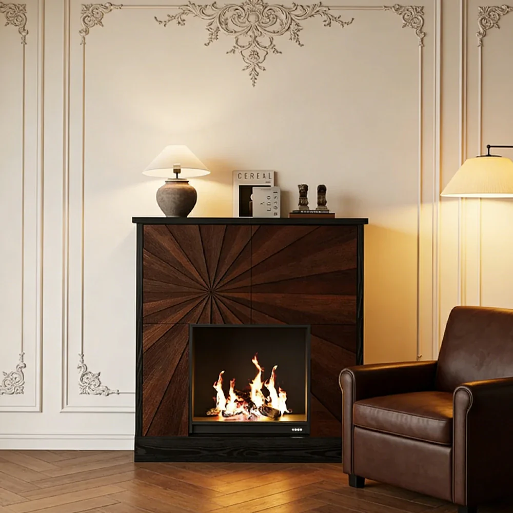 LUXORA Electric Fireplace Storage Cabinet 3D Flame Heater Tempered Glass Wood Grain Console with Storage - Image 4