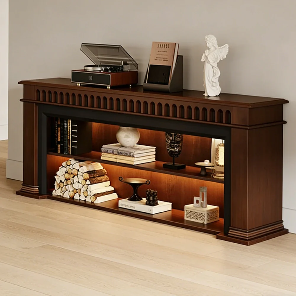 LUXORA 150/180/200cm Fireplace TV Stand Console Table Solid Wood Storage Cabinet Open Shelf Mantel Entertainment Unit - Image 4