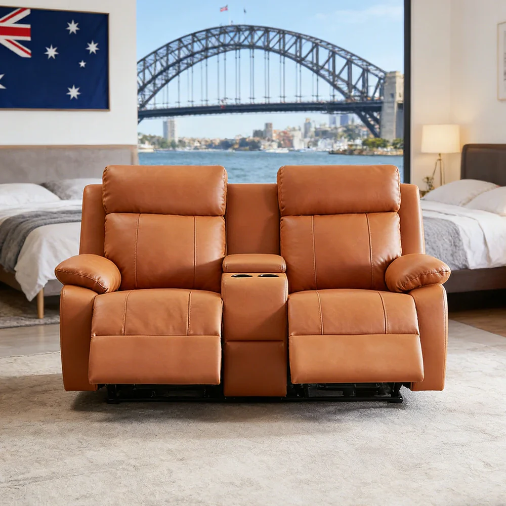 LUXORA 1.9/2.3m Double Electric Home Theatre Recliner Sofa with Centre Console Top-Grain Leather One-Touch Adjustable Backrest & Footrest - Brown - Image 4