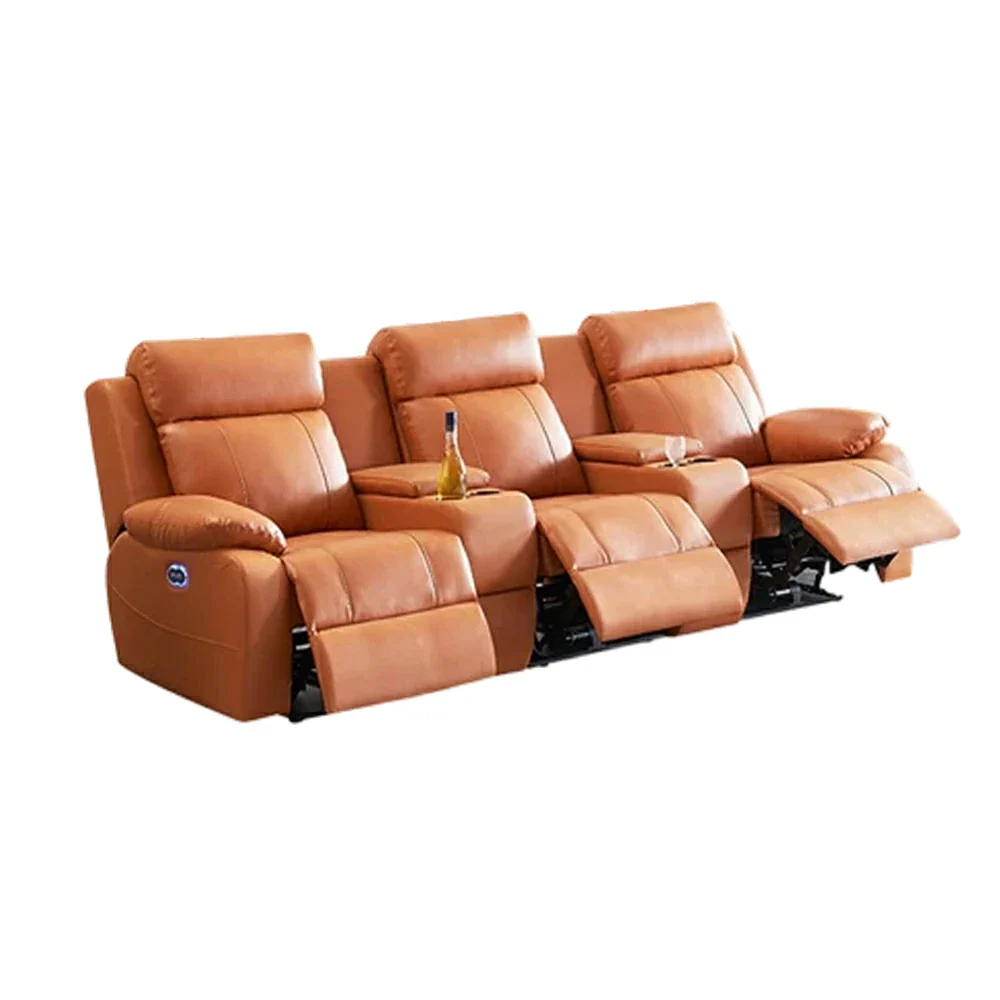 LUXORA 2.8/3.4m Triple Electric Home Theatre Recliner Sofa with Dual Centre Consoles Top-Grain Leather One-Touch Adjustable Backrest & Footrest - Brown
