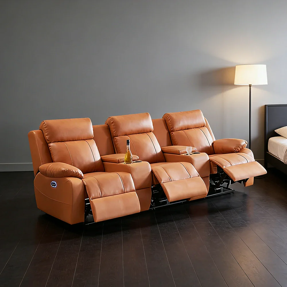 LUXORA 2.8/3.4m Triple Electric Home Theatre Recliner Sofa with Dual Centre Consoles Top-Grain Leather One-Touch Adjustable Backrest & Footrest - Brown - Image 2