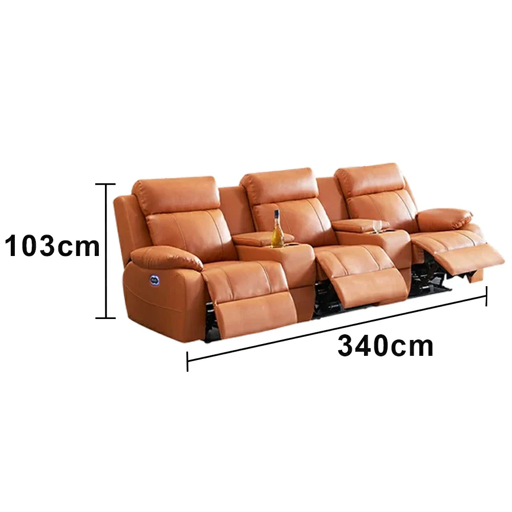 LUXORA 2.8/3.4m Triple Electric Home Theatre Recliner Sofa with Dual Centre Consoles Top-Grain Leather One-Touch Adjustable Backrest & Footrest - Brown - Image 6