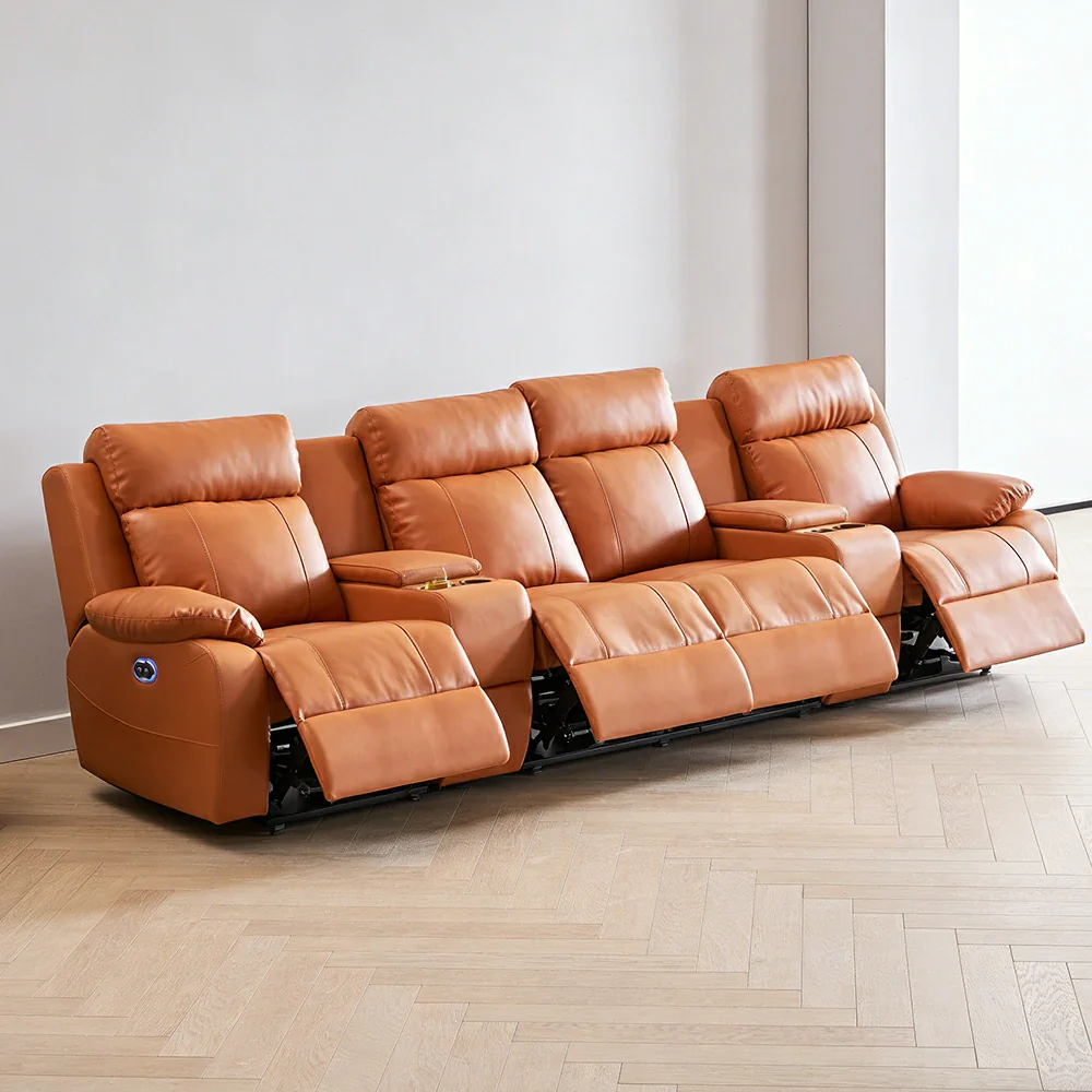 LUXORA 3.4/4.2m Quad Electric Home Theatre Recliner Sofa with Dual Centre Consoles Top-Grain Leather One-Touch Adjustable Backrest & Footrest - Brown - Image 2