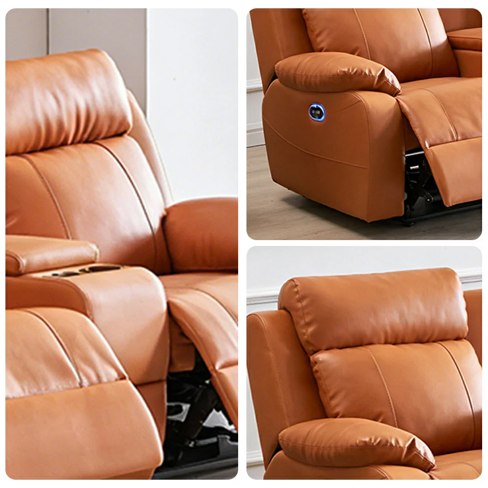 LUXORA 3.4/4.2m Quad Electric Home Theatre Recliner Sofa with Dual Centre Consoles Top-Grain Leather One-Touch Adjustable Backrest & Footrest - Brown - Image 3