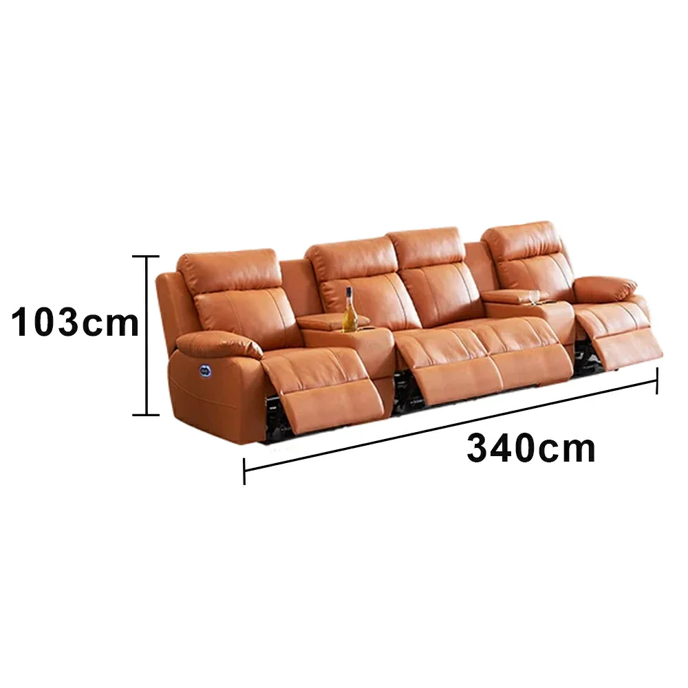 LUXORA 3.4/4.2m Quad Electric Home Theatre Recliner Sofa with Dual Centre Consoles Top-Grain Leather One-Touch Adjustable Backrest & Footrest - Brown - Image 5