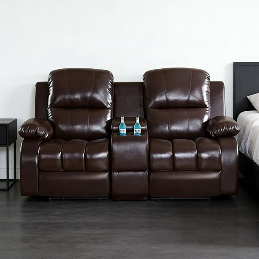 LUXORA 1.9/2.3m Double Electric Home Theatre Recliner Sofa with Centre Console Top-Grain Leather One-Touch Adjustable Backrest & Footrest - Black - Image 2