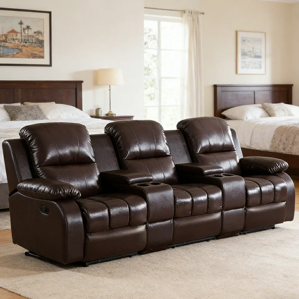 LUXORA 2.8/3.4m Triple Electric Home Theatre Recliner Sofa with Dual Centre Consoles Top-Grain Leather One-Touch Adjustable Backrest & Footrest - Black - Image 4