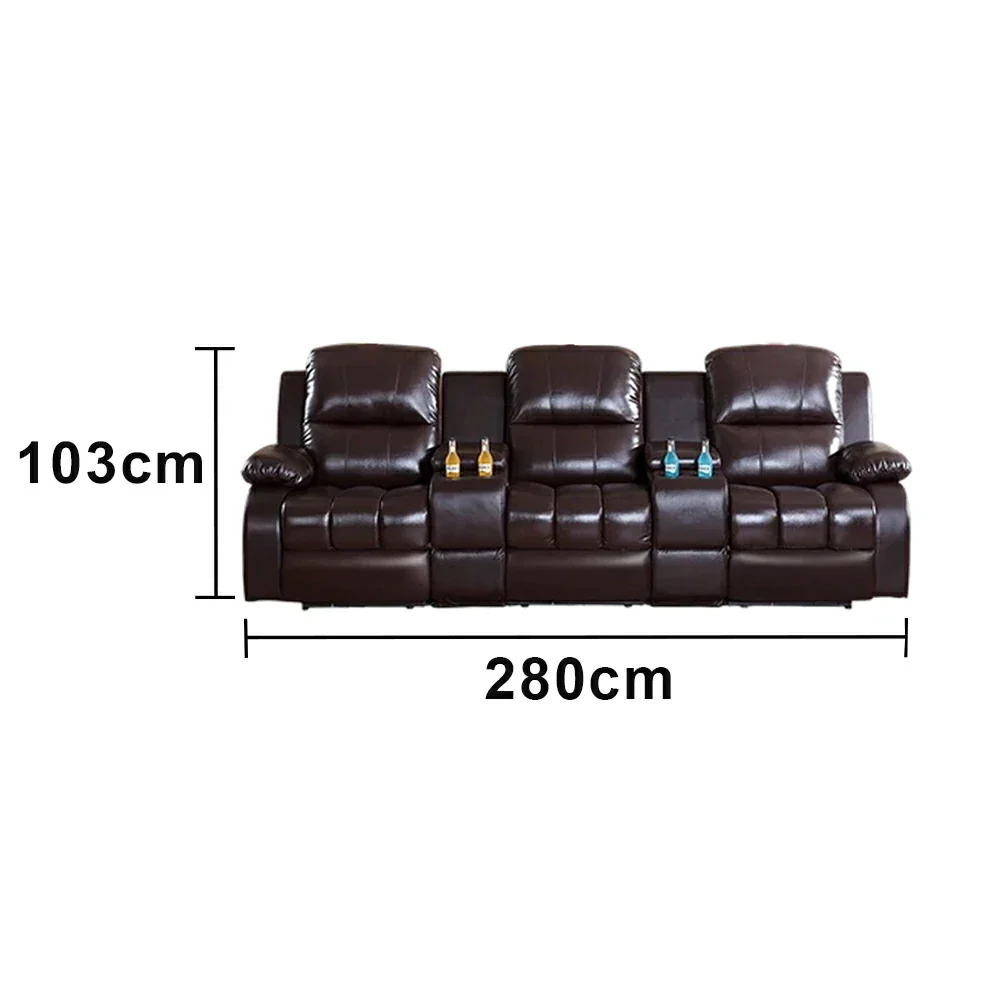 LUXORA 2.8/3.4m Triple Electric Home Theatre Recliner Sofa with Dual Centre Consoles Top-Grain Leather One-Touch Adjustable Backrest & Footrest - Black - Image 5