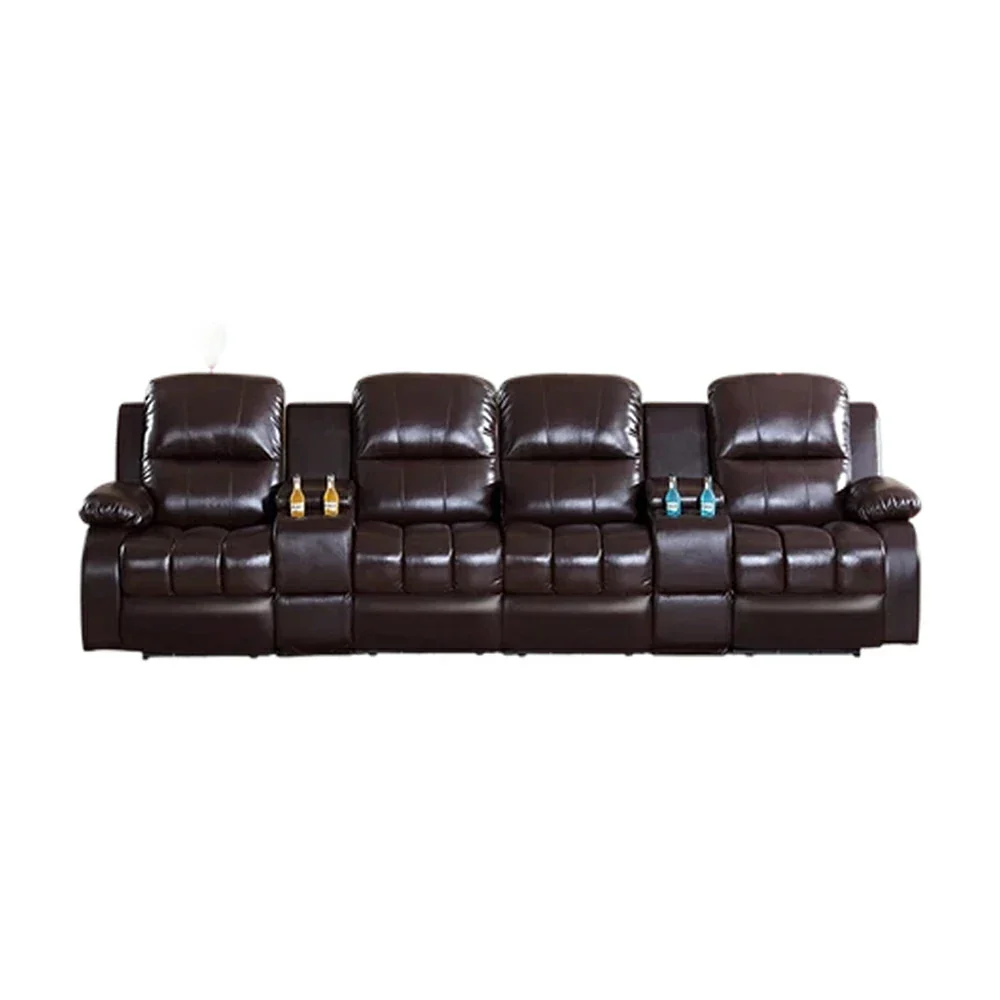 LUXORA 3.4/4.2m Quad Electric Home Theatre Recliner Sofa with Dual Centre Consoles Top-Grain Leather One-Touch Adjustable Backrest & Footrest - Black