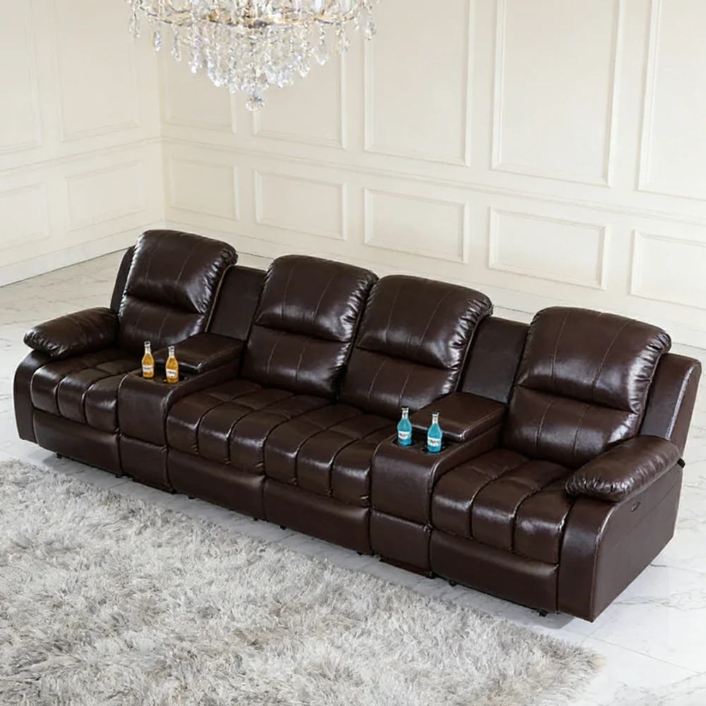 LUXORA 3.4/4.2m Quad Electric Home Theatre Recliner Sofa with Dual Centre Consoles Top-Grain Leather One-Touch Adjustable Backrest & Footrest - Black - Image 4