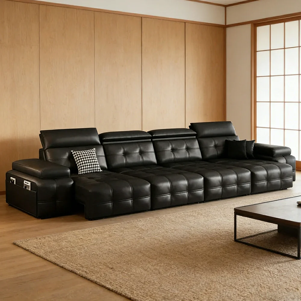 LUXORA 335/455cm 4-Seater Quad Electric Recliner Sofa Zero-Wall Design Multi-Mode Adjustable Backrest Ergonomic Comfort Top-Grain Leather - Black - Image 2