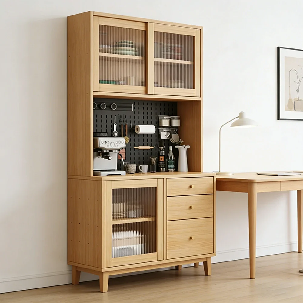 LUXORA 80/120/160cm Kitchen Hutch Cabinet - Tempered Glass Sliding Doors with Solid Pine Construction, Pegboard Storage & Modular Design - Wood - Image 4