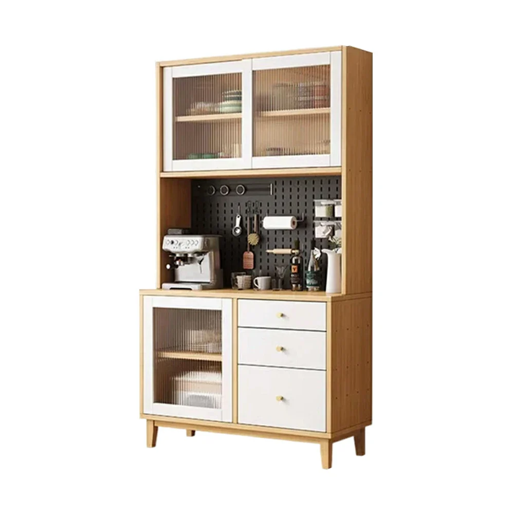 LUXORA 80/120/160cm Kitchen Hutch Cabinet - Tempered Glass Sliding Doors with Solid Pine Construction, Pegboard Storage & Modular Design - White