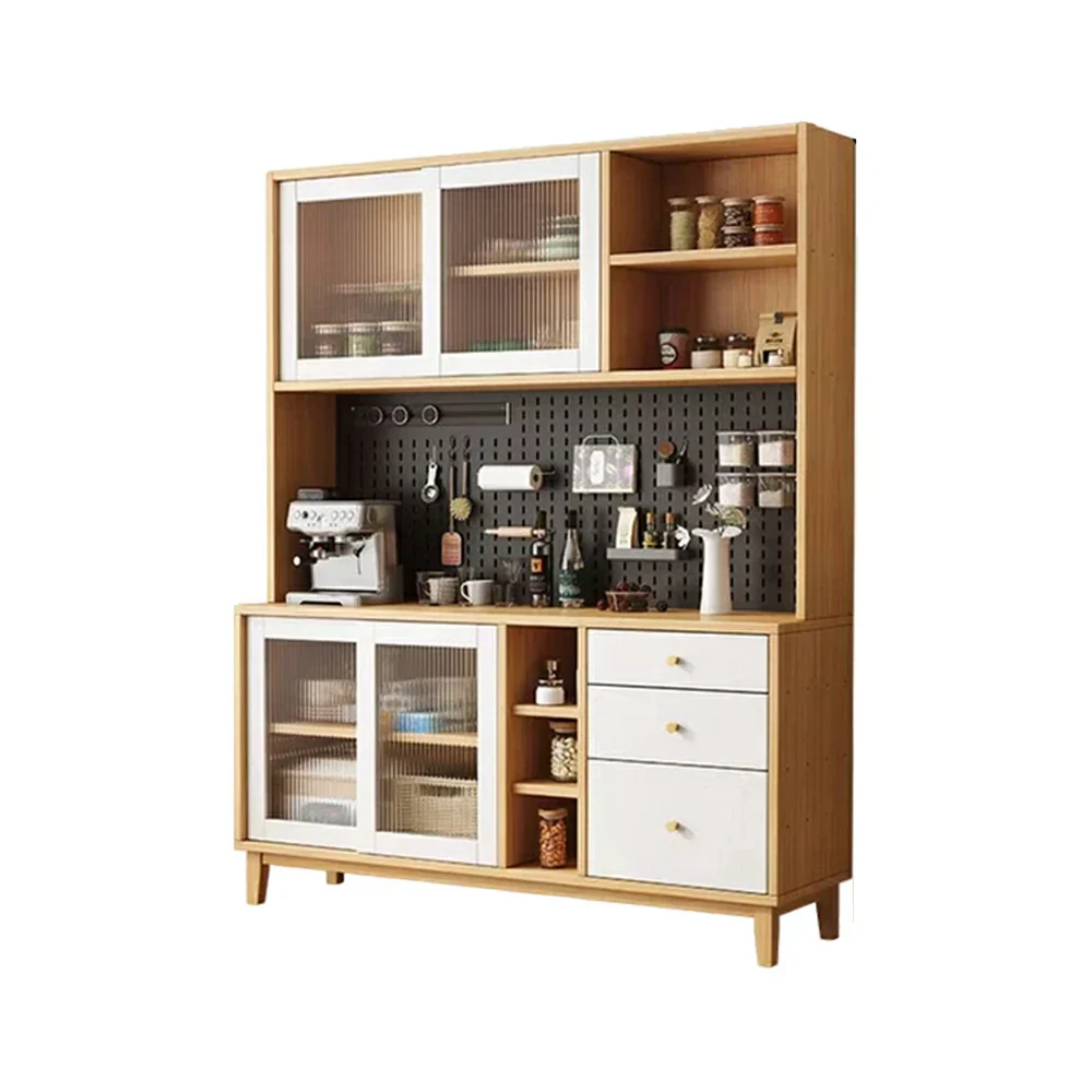 LUXORA 80/120/160cm Kitchen Hutch Cabinet - Tempered Glass Sliding Doors with Solid Pine Construction, Pegboard Storage & Modular Design - White - Image 11