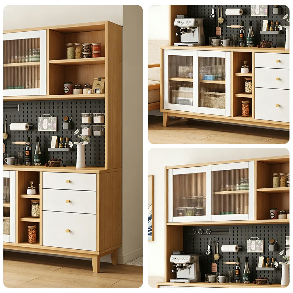 LUXORA 80/120/160cm Kitchen Hutch Cabinet - Tempered Glass Sliding Doors with Solid Pine Construction, Pegboard Storage & Modular Design - White - Image 13