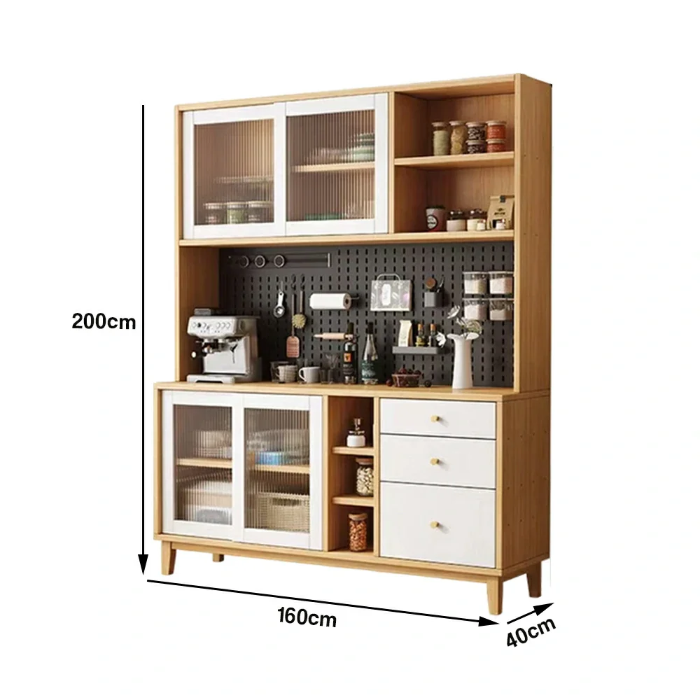 LUXORA 80/120/160cm Kitchen Hutch Cabinet - Tempered Glass Sliding Doors with Solid Pine Construction, Pegboard Storage & Modular Design - White - Image 15