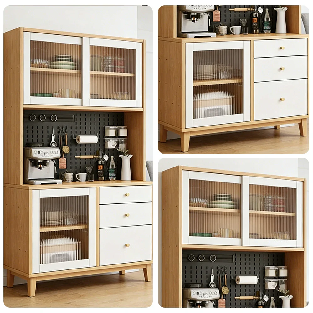 LUXORA 80/120/160cm Kitchen Hutch Cabinet - Tempered Glass Sliding Doors with Solid Pine Construction, Pegboard Storage & Modular Design - White - Image 3