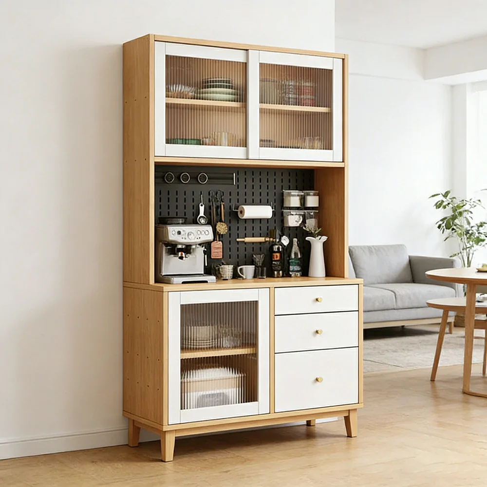 LUXORA 80/120/160cm Kitchen Hutch Cabinet - Tempered Glass Sliding Doors with Solid Pine Construction, Pegboard Storage & Modular Design - White - Image 4