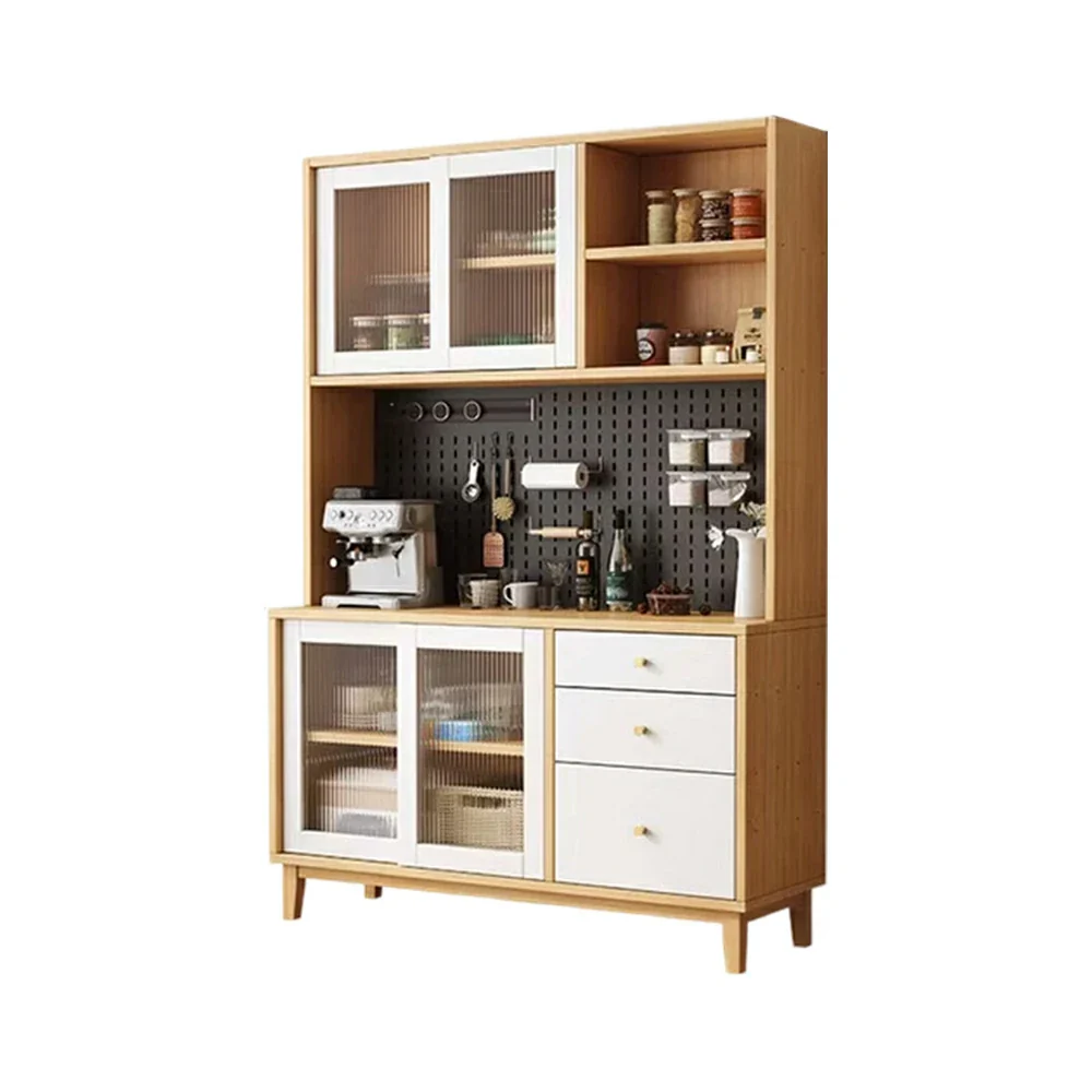 LUXORA 80/120/160cm Kitchen Hutch Cabinet - Tempered Glass Sliding Doors with Solid Pine Construction, Pegboard Storage & Modular Design - White - Image 6