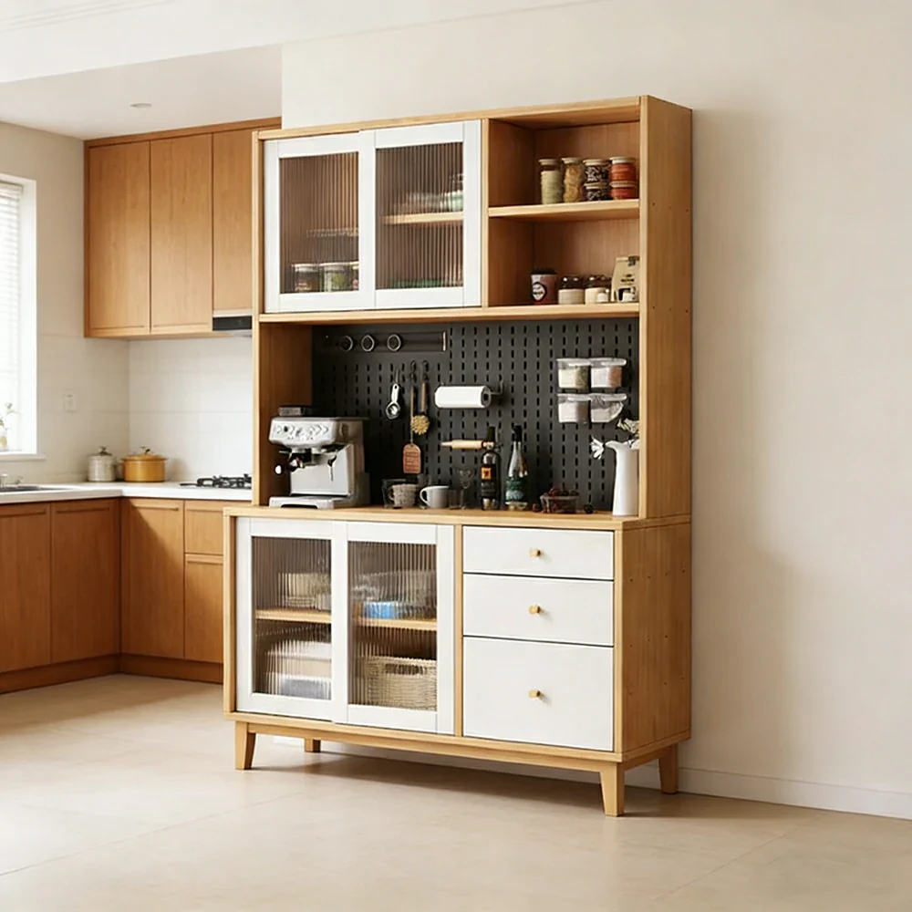 LUXORA 80/120/160cm Kitchen Hutch Cabinet - Tempered Glass Sliding Doors with Solid Pine Construction, Pegboard Storage & Modular Design - White - Image 7