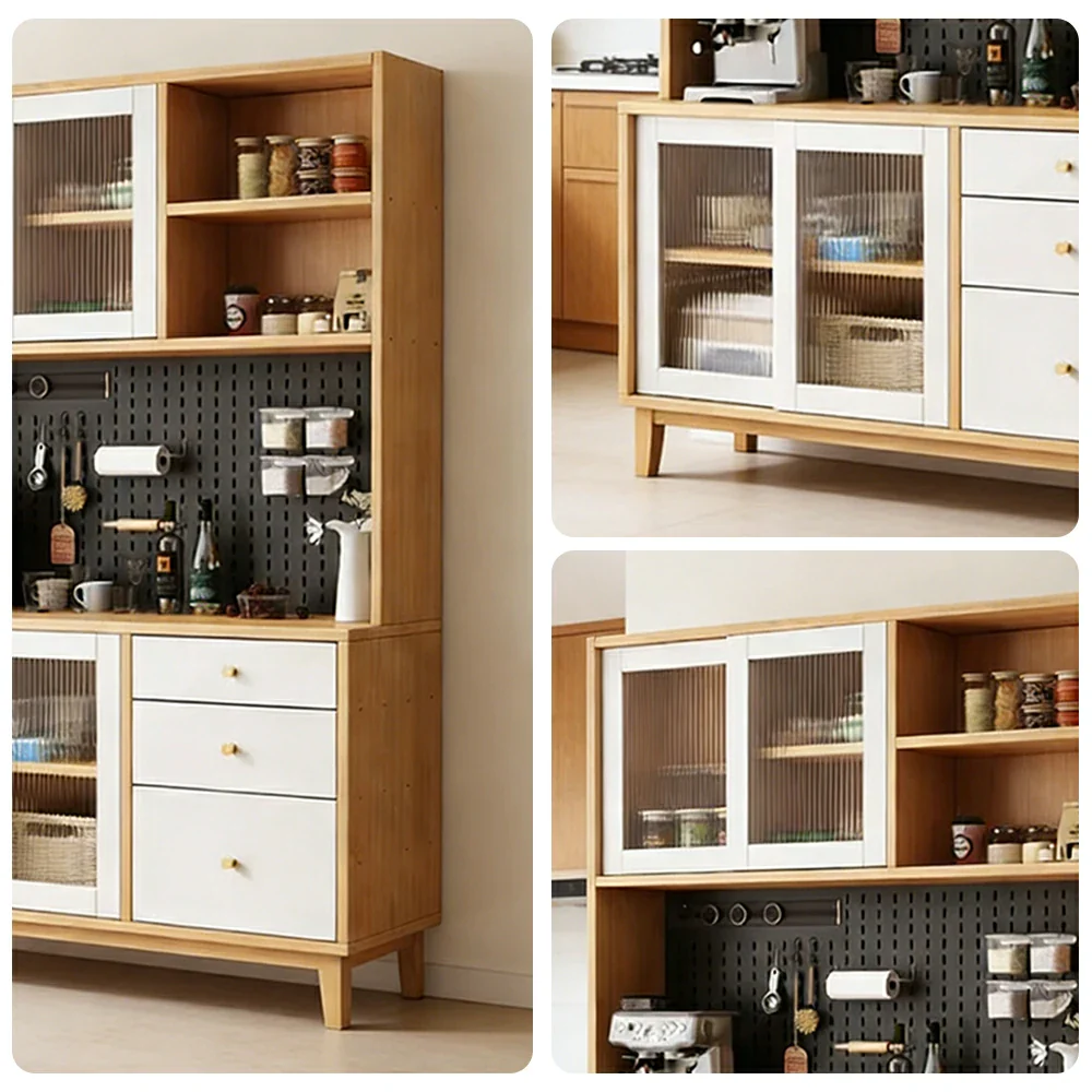 LUXORA 80/120/160cm Kitchen Hutch Cabinet - Tempered Glass Sliding Doors with Solid Pine Construction, Pegboard Storage & Modular Design - White - Image 8